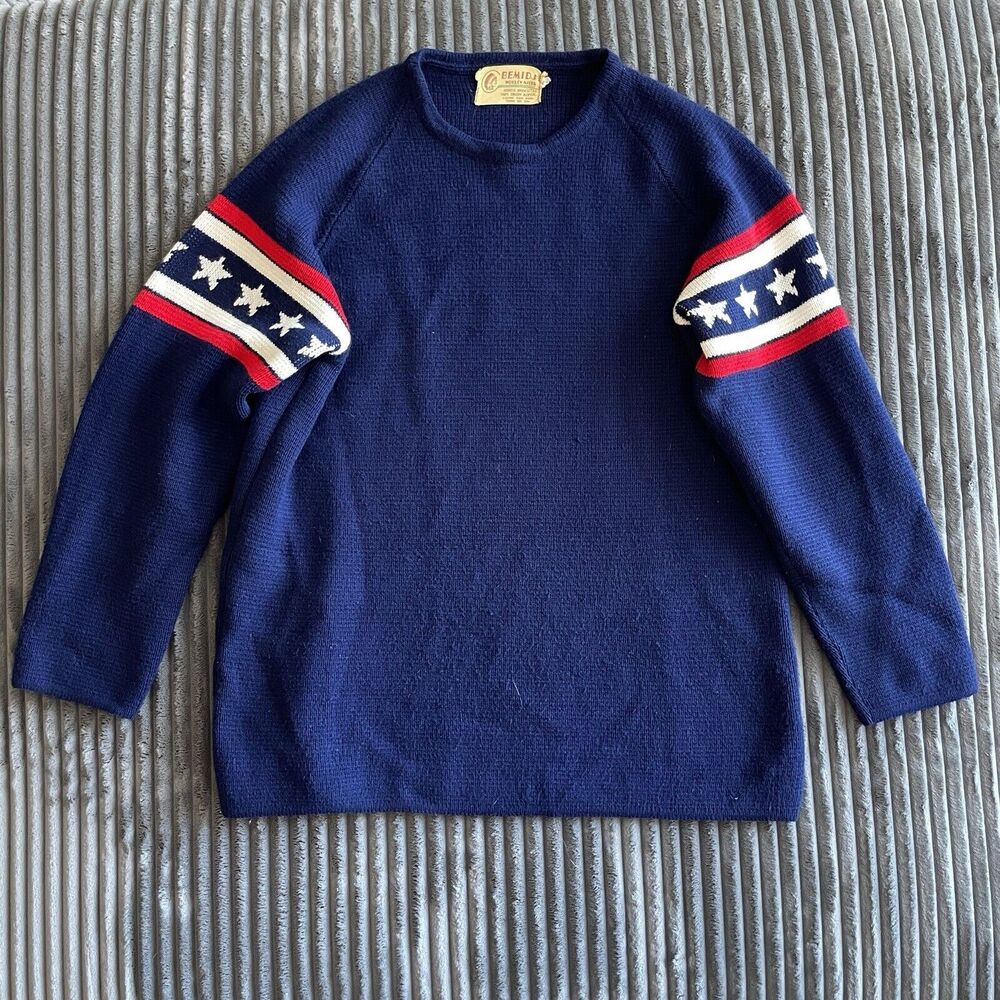 Vintage Bemidji Woolen Mills Sweater Men Medium Blue USA Patriotic America Crew
